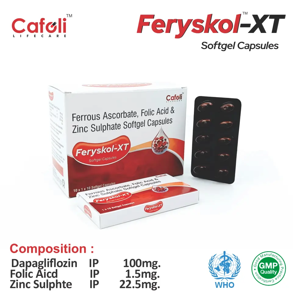 Ferrous Ascorbate (100mg) + Folic Acid (1.5mg) + Zinc (22.5mg) in Feryskol XT Softgel PCD Franchise at Best Price